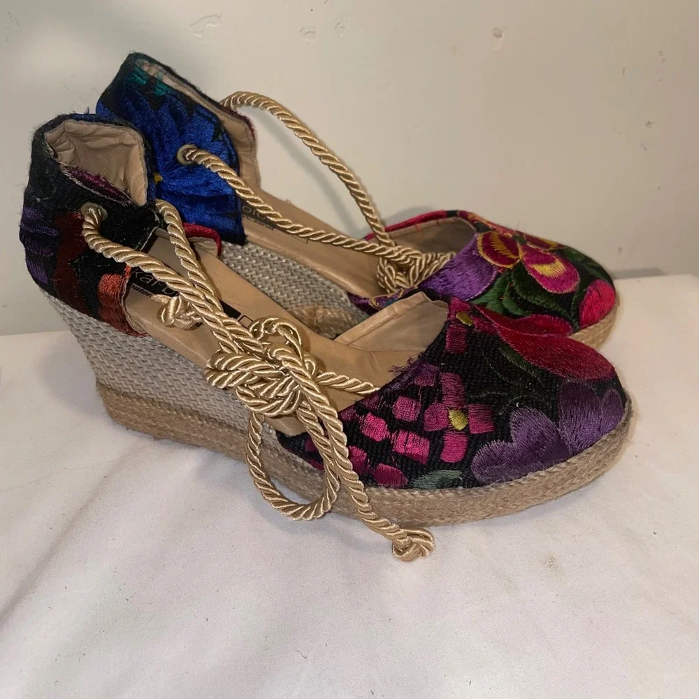 Ikal Bolom Floral Embroidered Espadrille Wedge Sandals Lace Up Ankle Ties Size 5